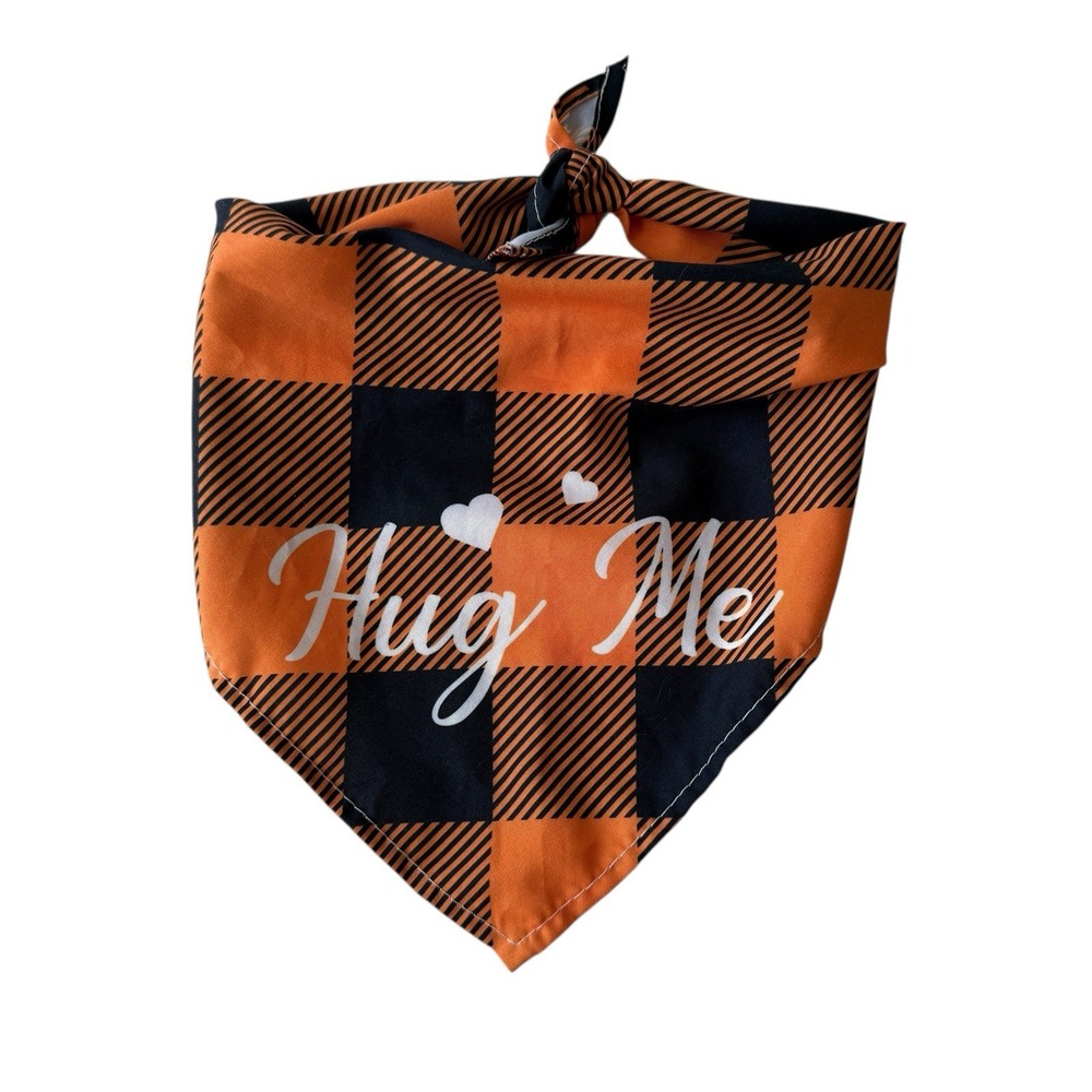 Fall Dog Bandana Halloween Black‎ Orange Buffalo Plaid Tie-On Scarf 24" Size M/L